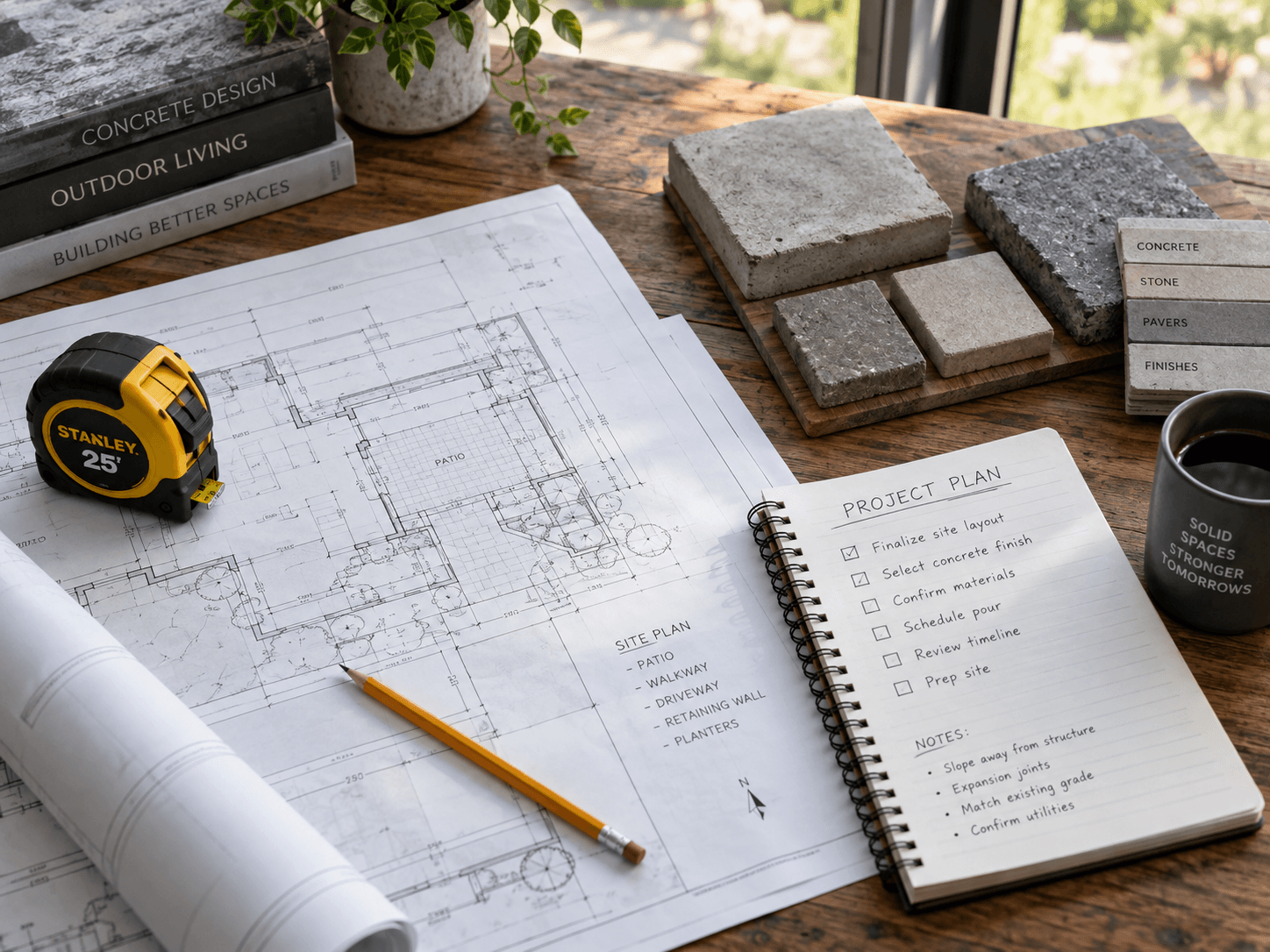 Residential construction plans and concrete samples