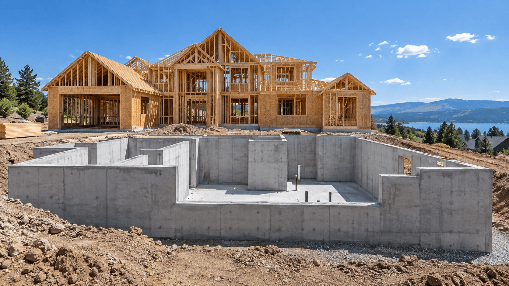 New residential framing above a poured concrete foundation